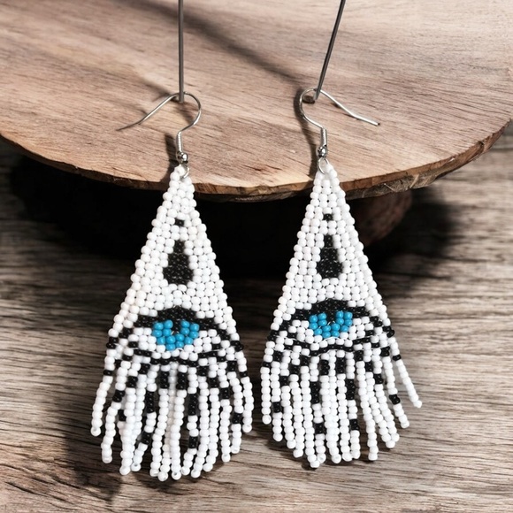 Evil Eye Seed Bead Fringe Earrings: Boho Dangle Earrings Handcrafted White Blue - Picture 8 of 17